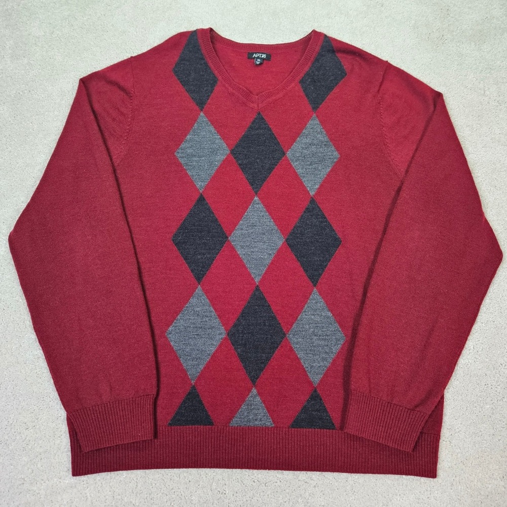 APT 9 Men's XL Argyle V Neck Sweater Merino Wool Burgundy Gray Classic Preppy